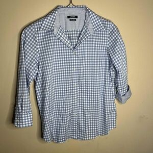Chaps No Iron Ladies Large Blue And White Checkered Plaid Button Down